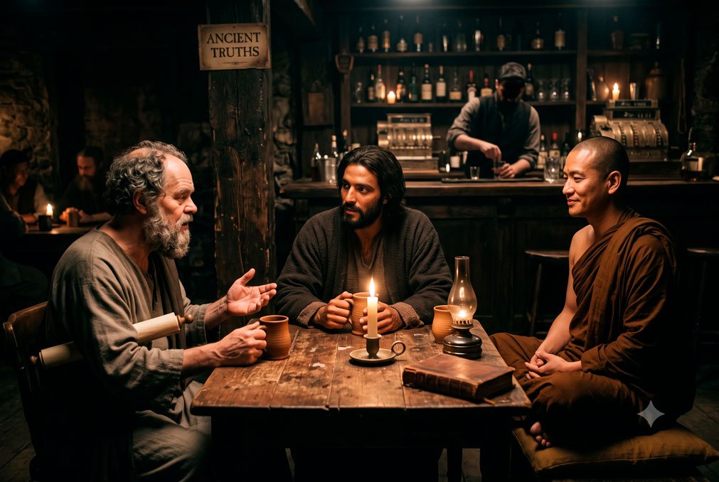 Socrates, Jesus, and Buddha meet in a bar — an illustration of ethics vs morality